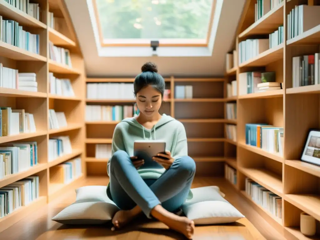 Persona leyendo en un rincón acogedor rodeado de libros, con una app rastreadora de hábitos de lectura en mano