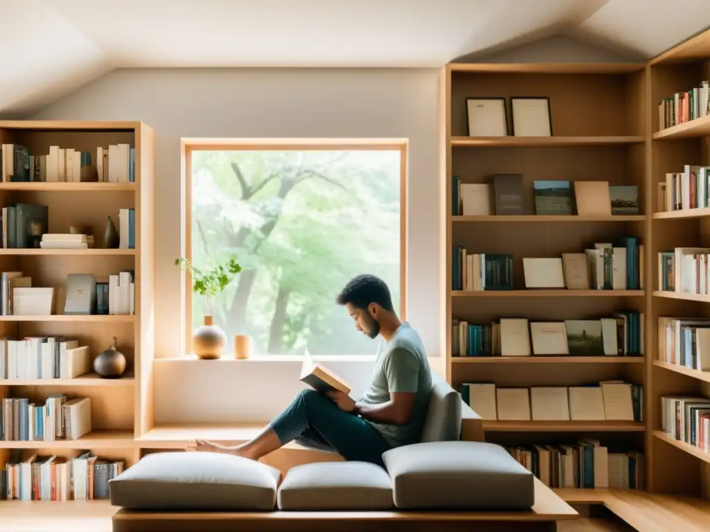 Persona leyendo en un rincón acogedor rodeado de libros