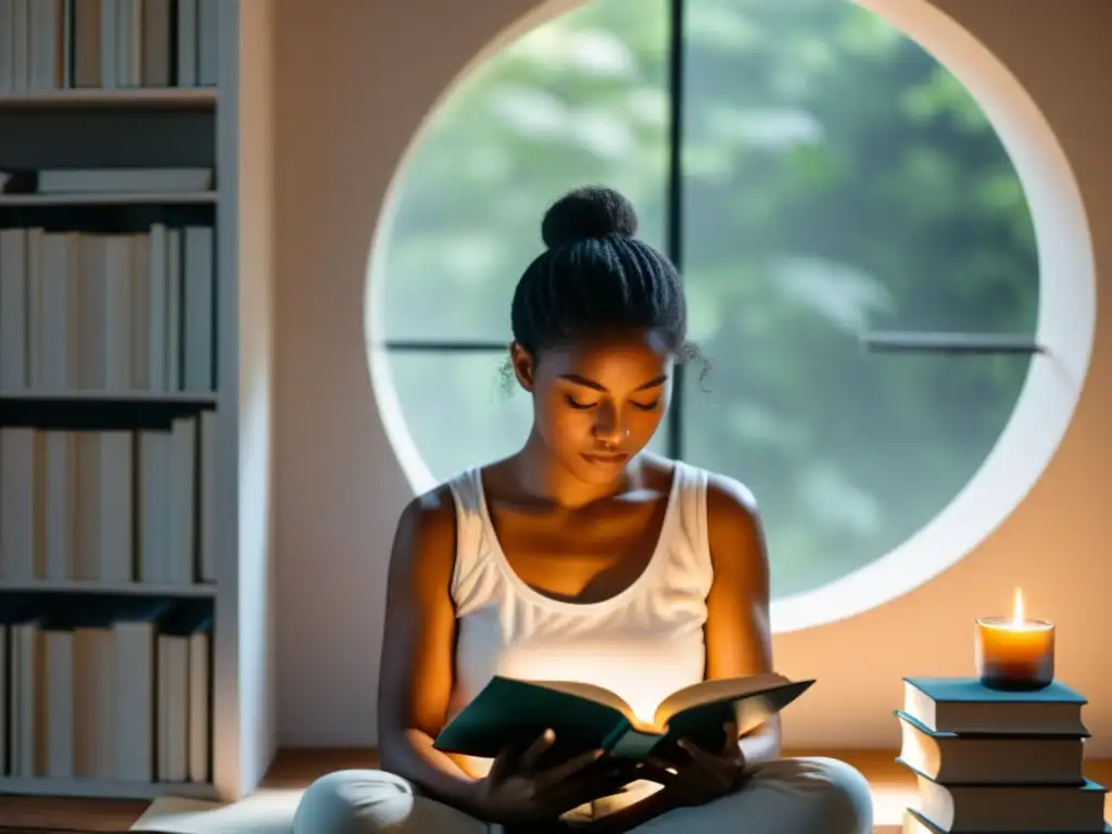 Persona en meditación rodeada de libros abiertos, escribiendo en su diario con luz natural