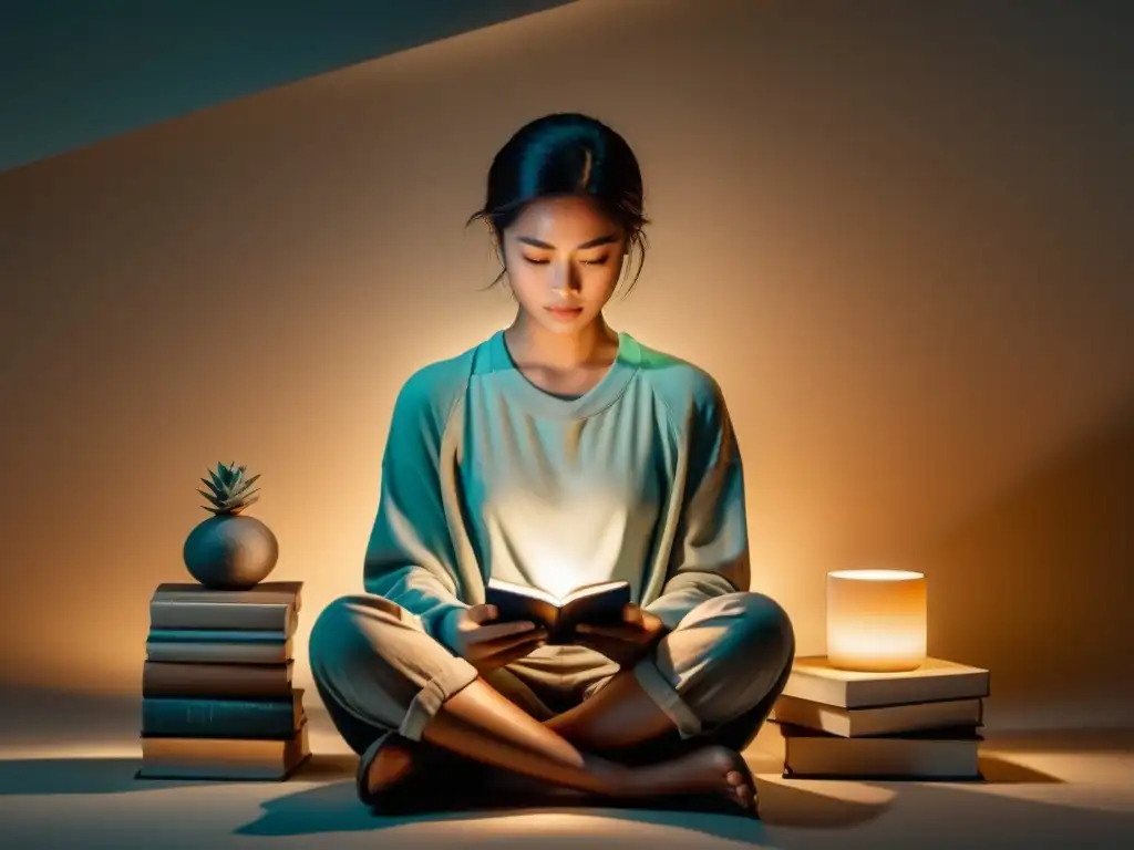 Persona en meditación rodeada de libros, sosteniendo un dispositivo móvil con luz suave