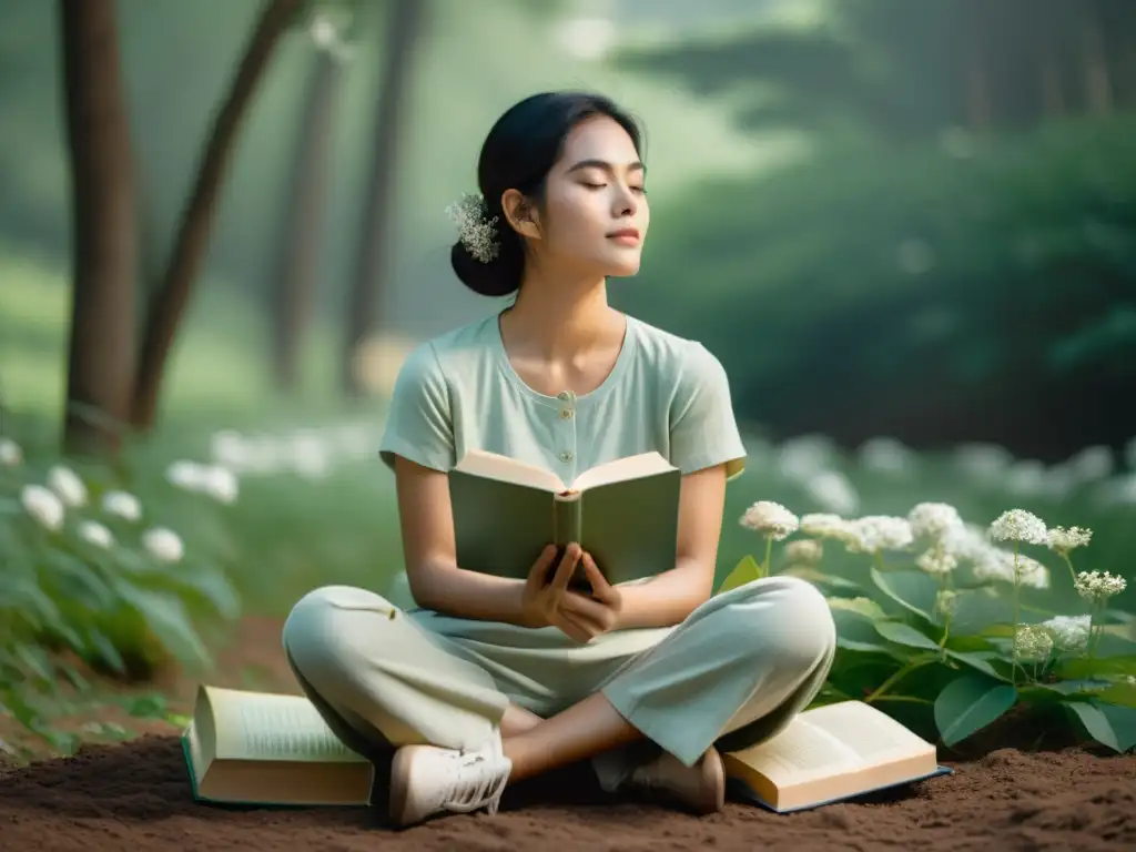 Persona en meditación leyendo, rodeada de naturaleza