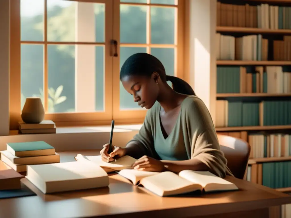 Una persona sentada en un escritorio escribiendo en un diario, rodeada de libros abiertos y bañada en cálida luz natural