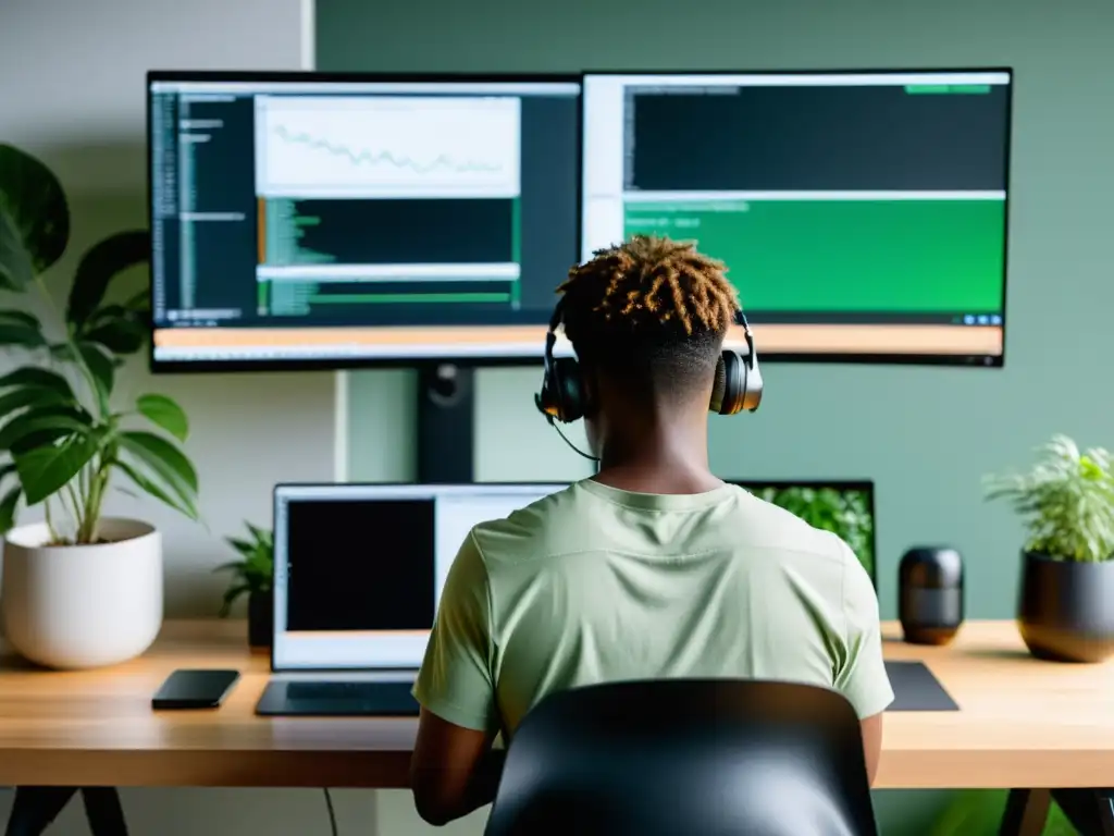 Persona trabajando en software con modos de pantalla dividida para salud visual en espacio ergonómico con toques de naturaleza