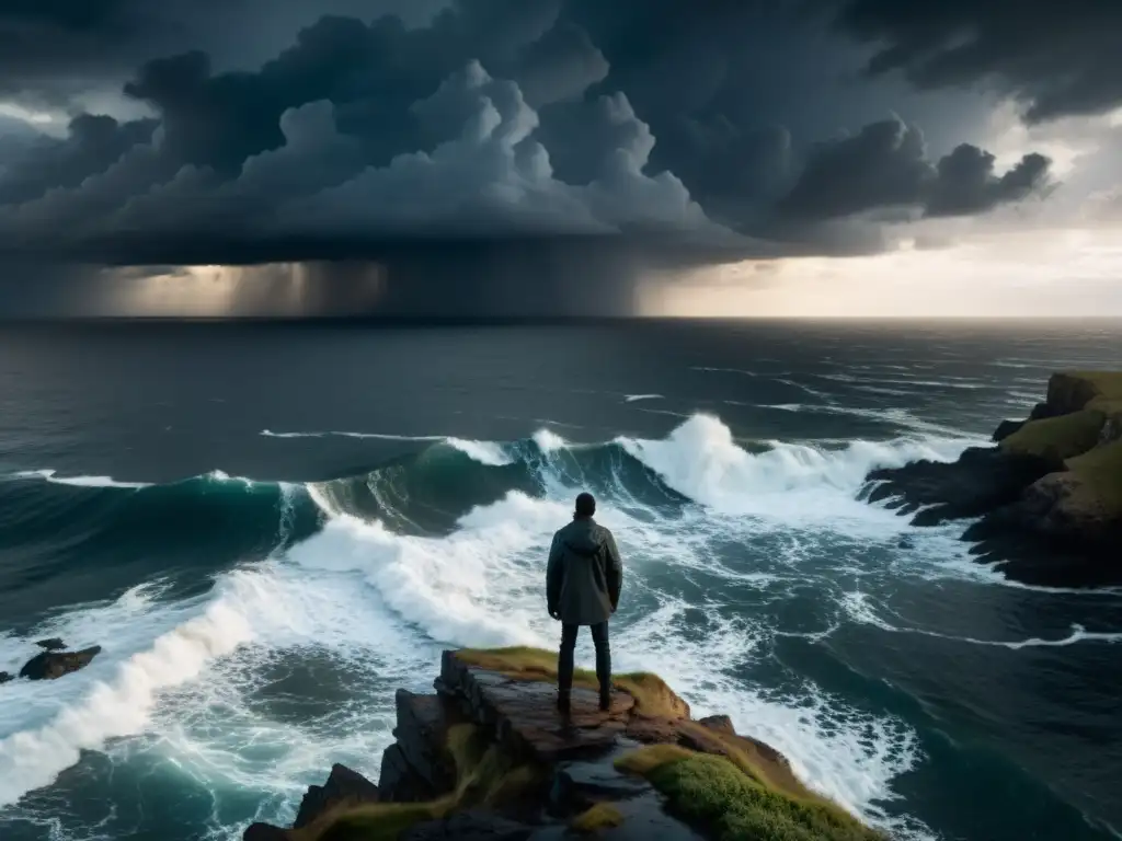 Persona solitaria en un acantilado desmoronado, observando un vasto y turbulento océano bajo nubes de tormenta