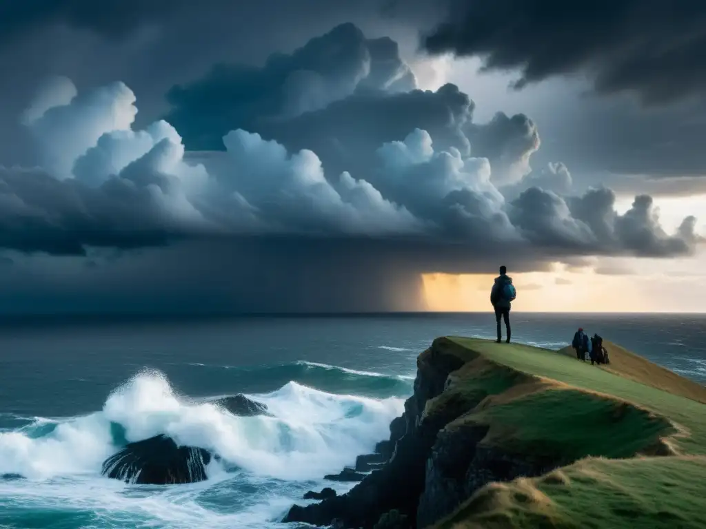 Persona solitaria en acantilado, contemplando el mar turbulento con nubes tormentosas