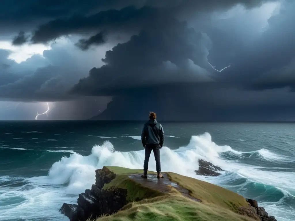 Persona solitaria en el borde de un acantilado, observando el mar tumultuoso en medio de una tormenta