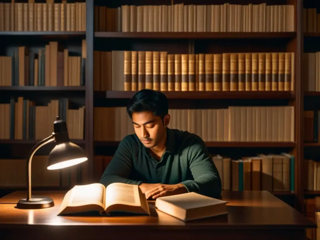 'Persona solitaria reflexiona en un escritorio iluminado por una lámpara, rodeada de libros