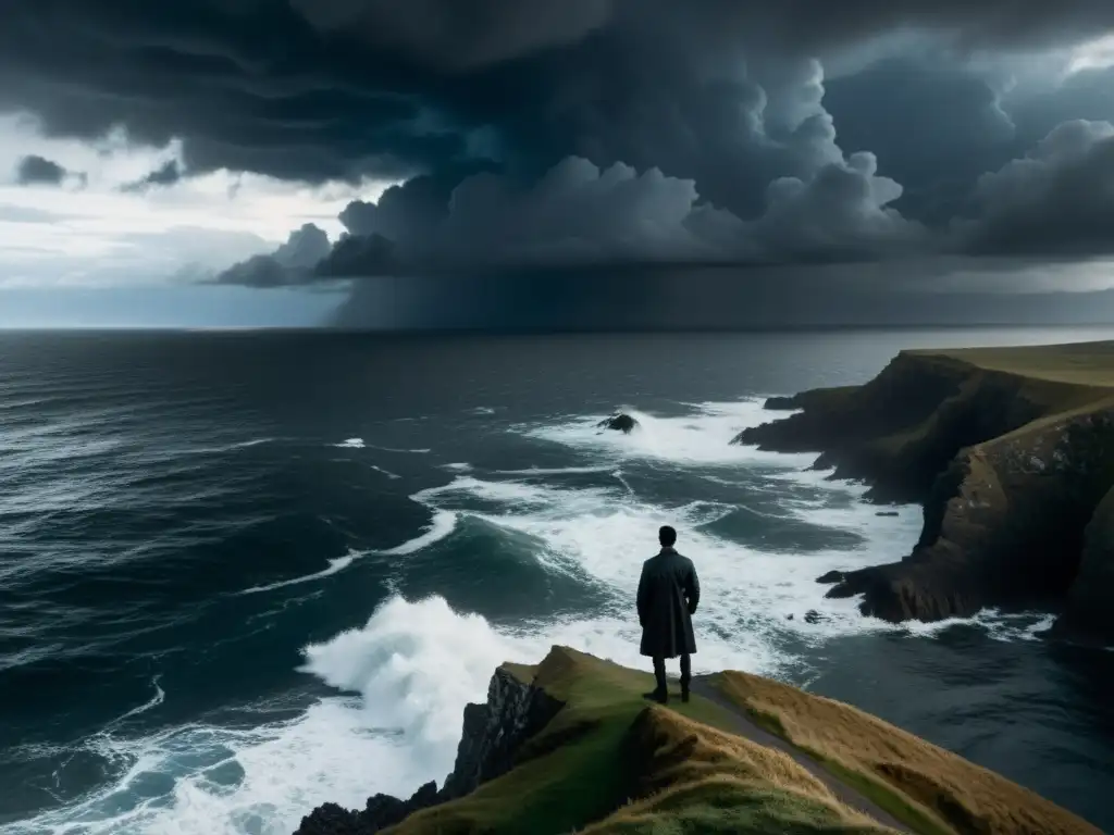 Persona solitaria frente al mar agitado, bajo nubes oscuras y tensión palpable