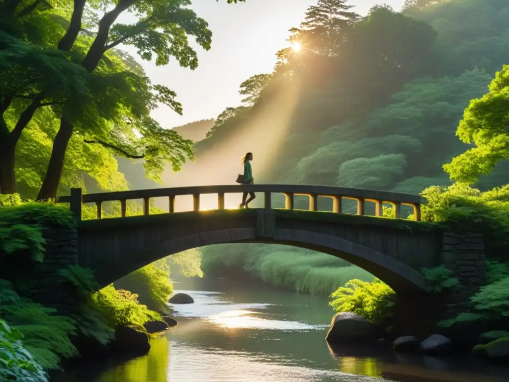 Persona solitaria en puente de piedra, rodeada de bosque, con atardecer cálido