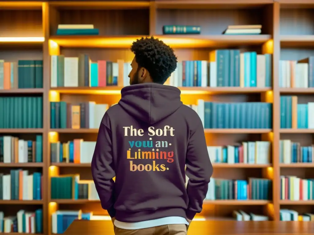 Una persona viste una sudadera literaria con diseño colorido, de pie frente a una estantería llena de libros, iluminada por una lámpara cálida