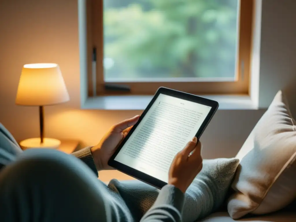 Persona leyendo en tablet con transición a libro, en ambiente acogedor y luminoso