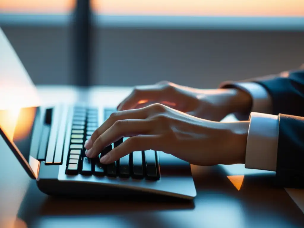 Persona escribiendo en teclado moderno con luz natural, reflejando profesionalismo en taller redacción profesional comunicaciones corporativas
