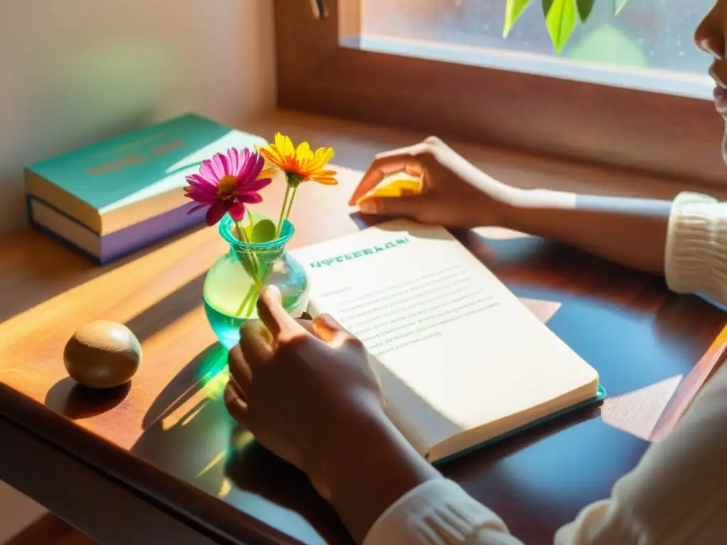 Persona escribiendo con técnicas escritura sensorial cinco sentidos, tocando flor en habitación soleada