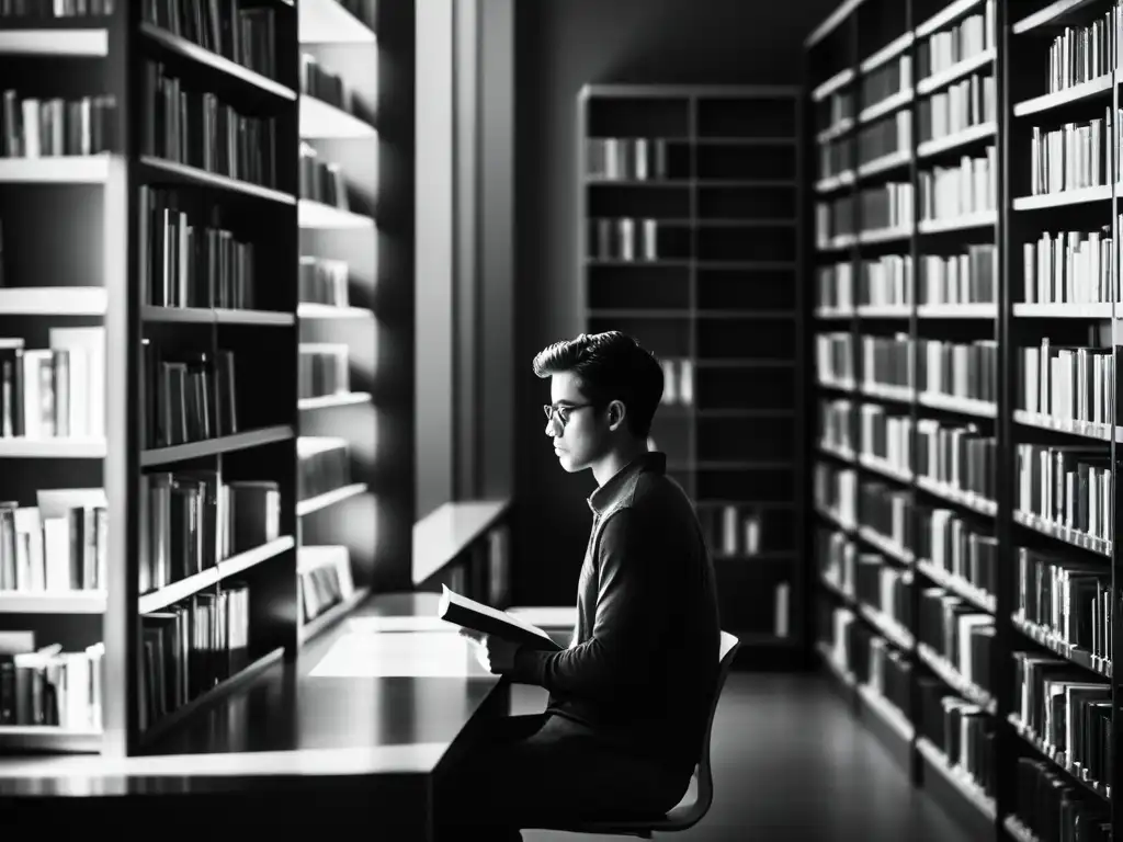 Persona estudia técnicas literarias para maximizar impacto en biblioteca, rodeada de libros en blanco y negro