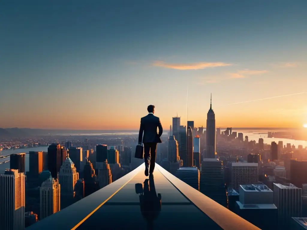 Persona en traje de negocios caminando con equilibrio en la cuerda floja sobre la ciudad al atardecer, transmitiendo serenidad y control