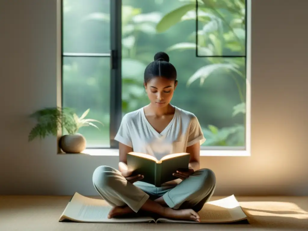 Persona leyendo con tranquilidad, rodeada de luz natural y naturaleza