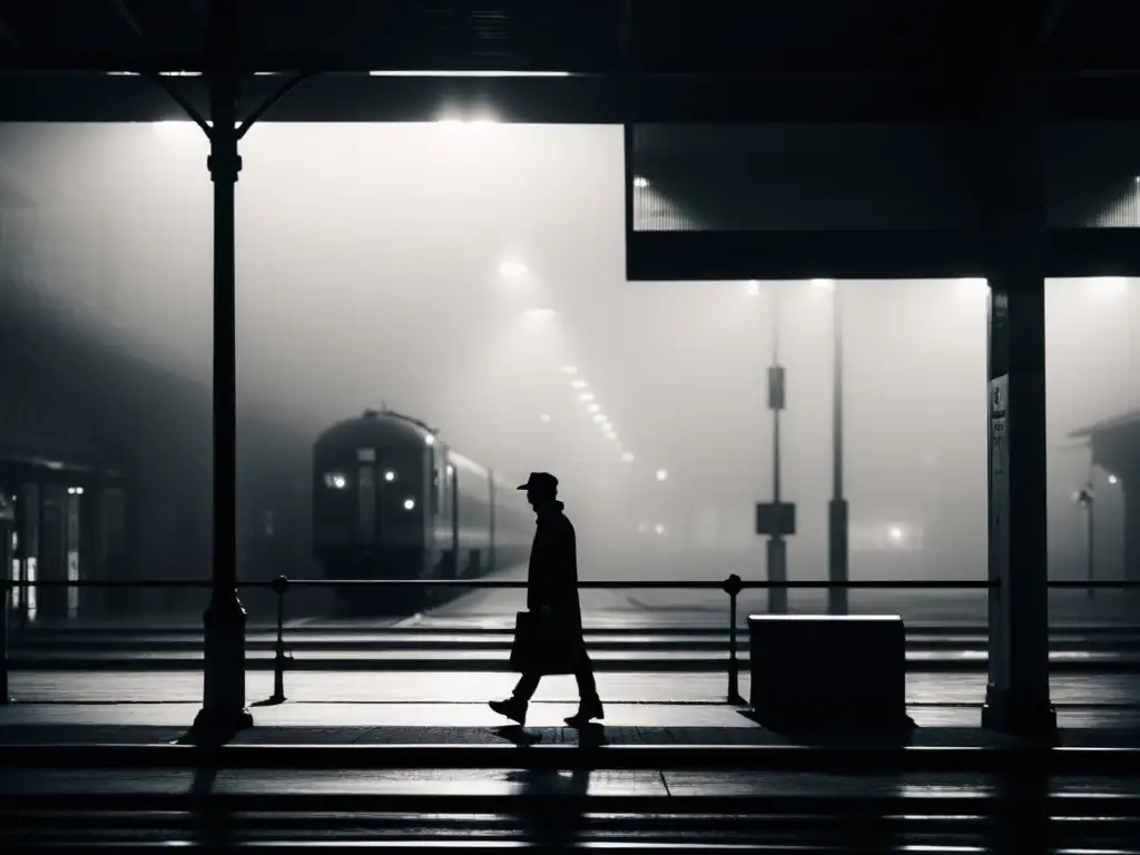 Un personaje espera en una estación de tren neblinosa y desolada, evocando la atmósfera de 'Transbordo en Moscú' de Eduardo Mendoza