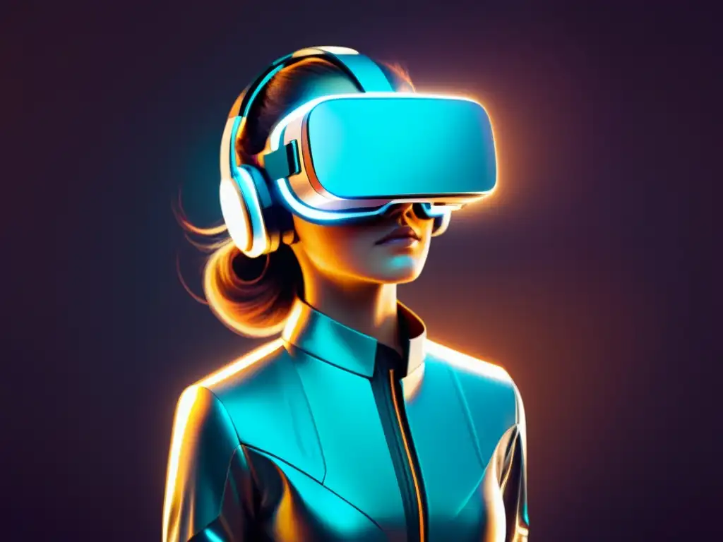 Un personaje literario futurista emerge de un entorno de realidad virtual, con mejoras cibernéticas integradas, exudando inteligencia enigmática y creatividad