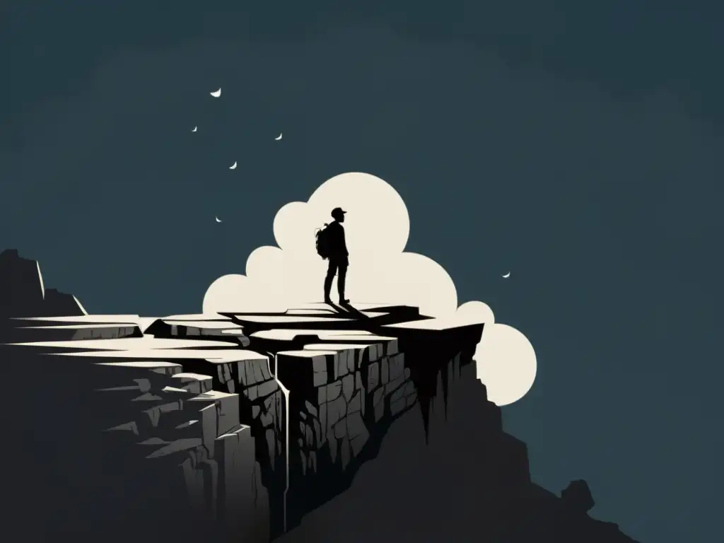 Un personaje de ilustración minimalista en un borde, mirando hacia un abismo oscuro