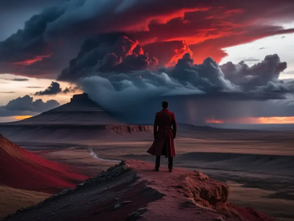 Un personaje solitario en un acantilado, con un cielo rojo sangre y nubes de tormenta, crea una atmósfera de profundidad psicológica