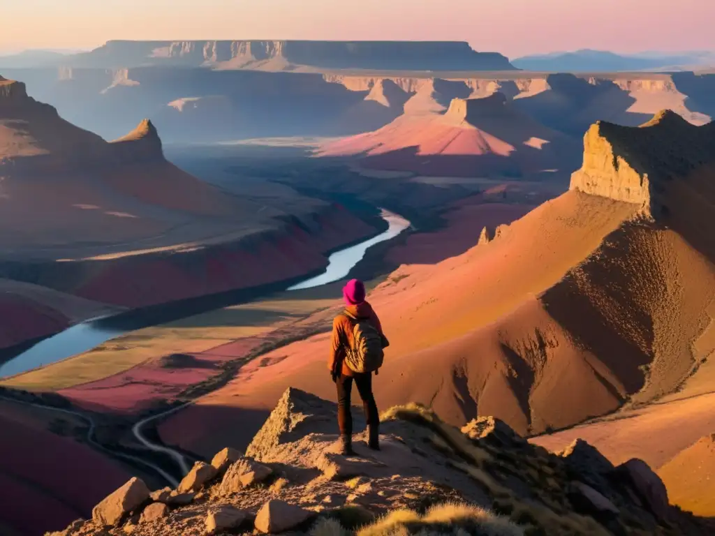 Un personaje solitario contempla el atardecer en un acantilado, con un paisaje impresionante de fondo