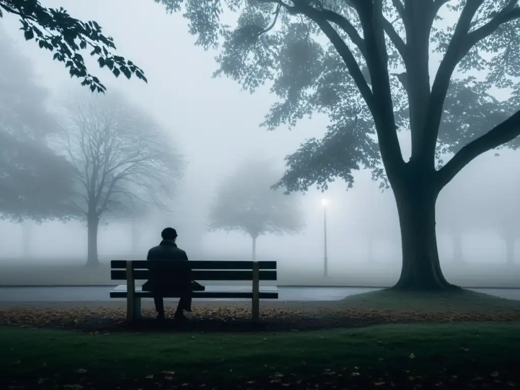 Un personaje solitario lee en un banco del parque, rodeado de denso neblina