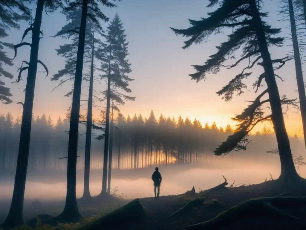 Un personaje solitario frente a un bosque misterioso al amanecer, evocando arquetipos y mitos en narrativa moderna