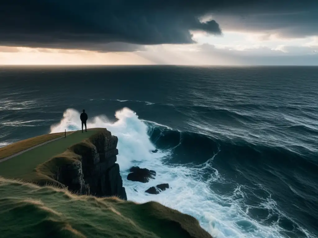 Un personaje solitario observa un mar tormentoso desde un acantilado, creando tensión narrativa