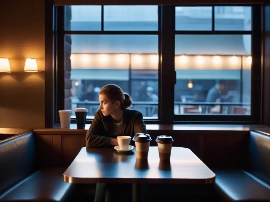 Un personaje solitario se sienta en una mesa de café tenue, con la cara oculta por sombras, mirando al infinito