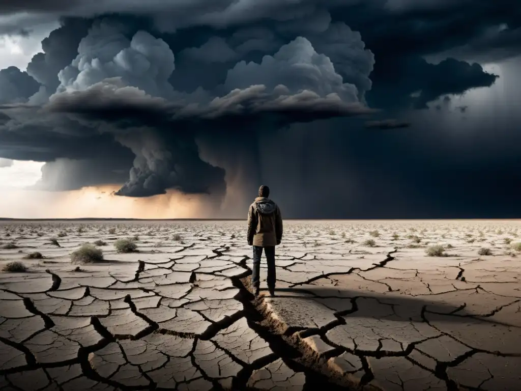 Un personaje solitario en un paisaje árido y desolado, mirando al cielo tormentoso