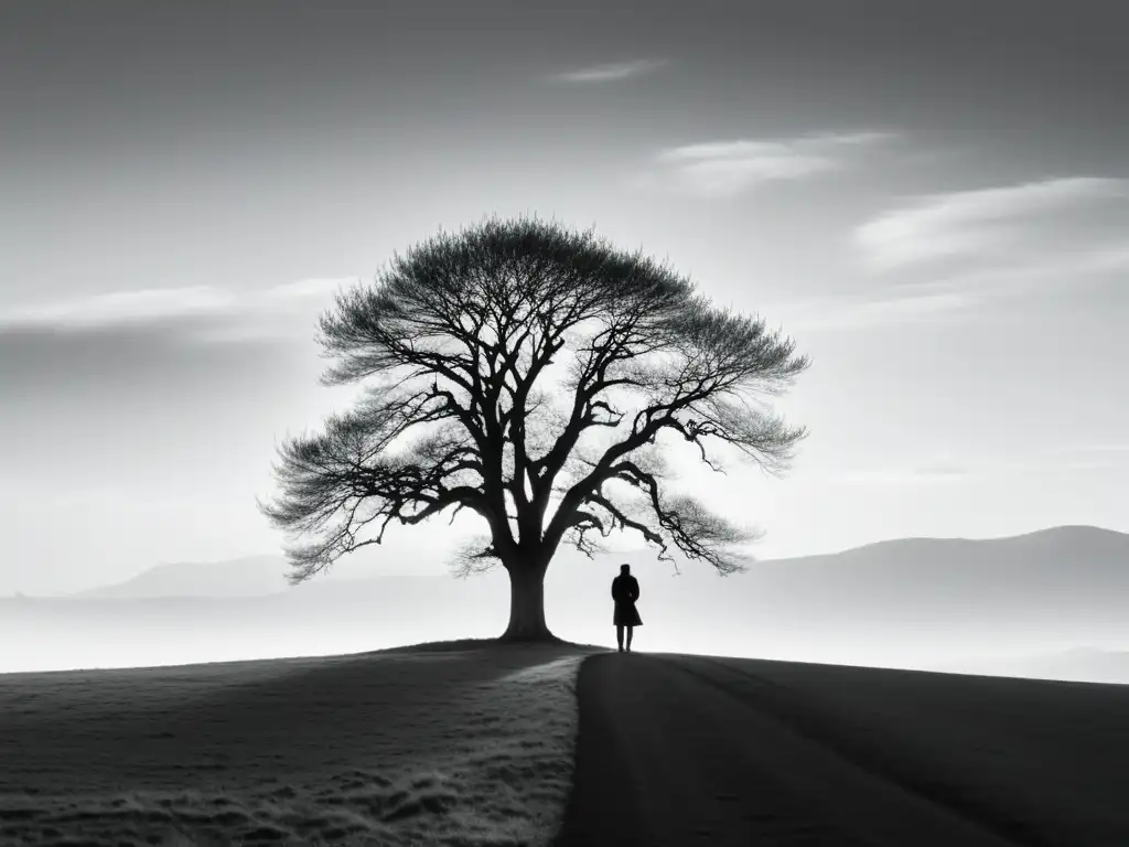 Un personaje solitario contempla un vasto paisaje en blanco y negro, evocando la profundidad de las técnicas literarias para microcuentos