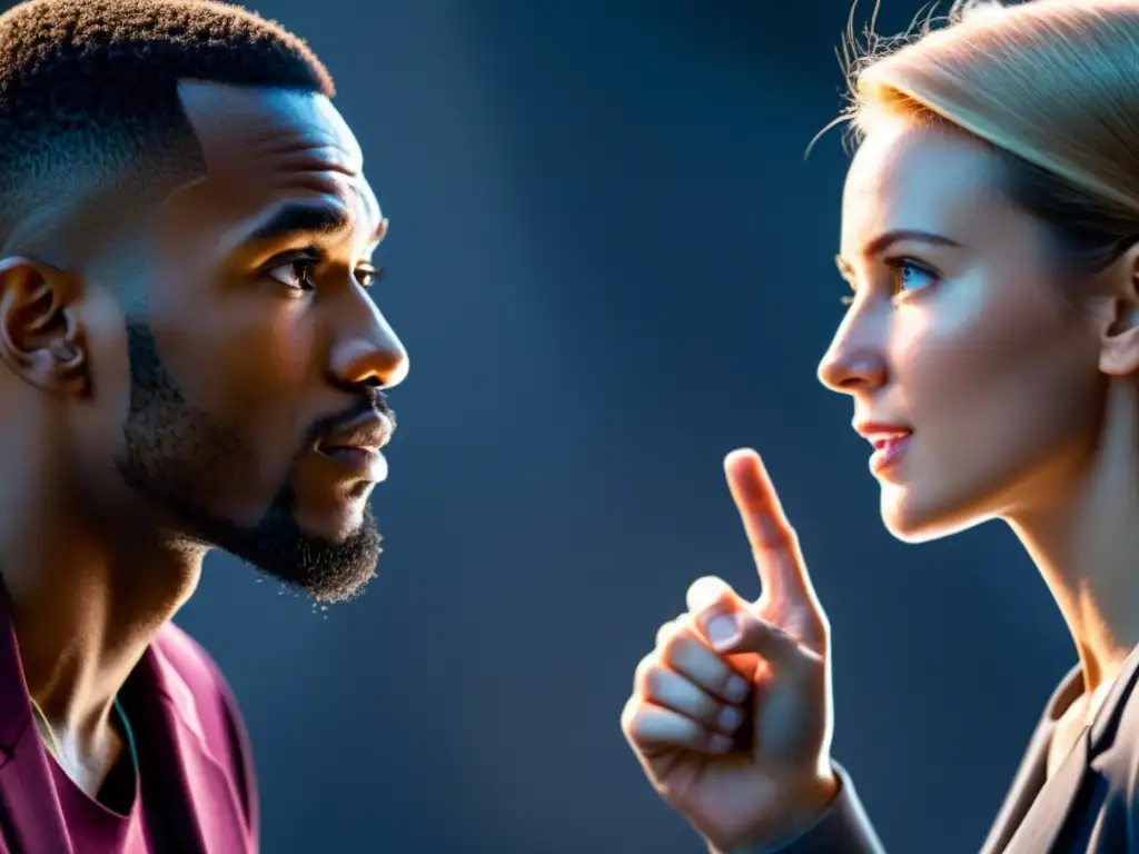 Conversación Profunda: Expresiones Intensas Dos personas tienen una conversación intensa, con expresiones profundas, gestos animados y fondo moderno