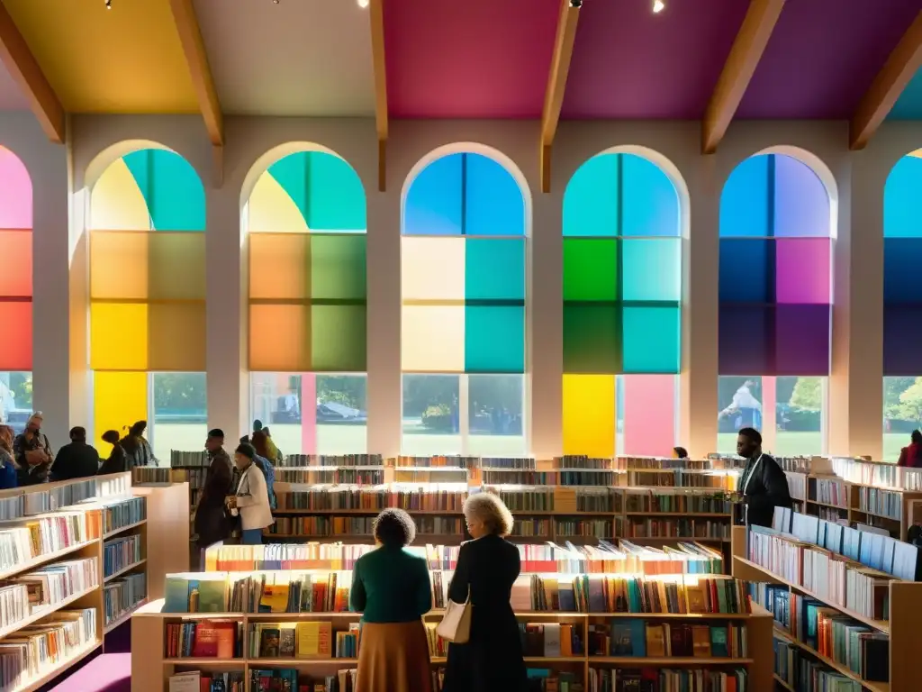 Personas diversas exploran libros coloridos en la Rainbow Book Fair, creando un ambiente inclusivo y celebrando la importancia de la diversidad