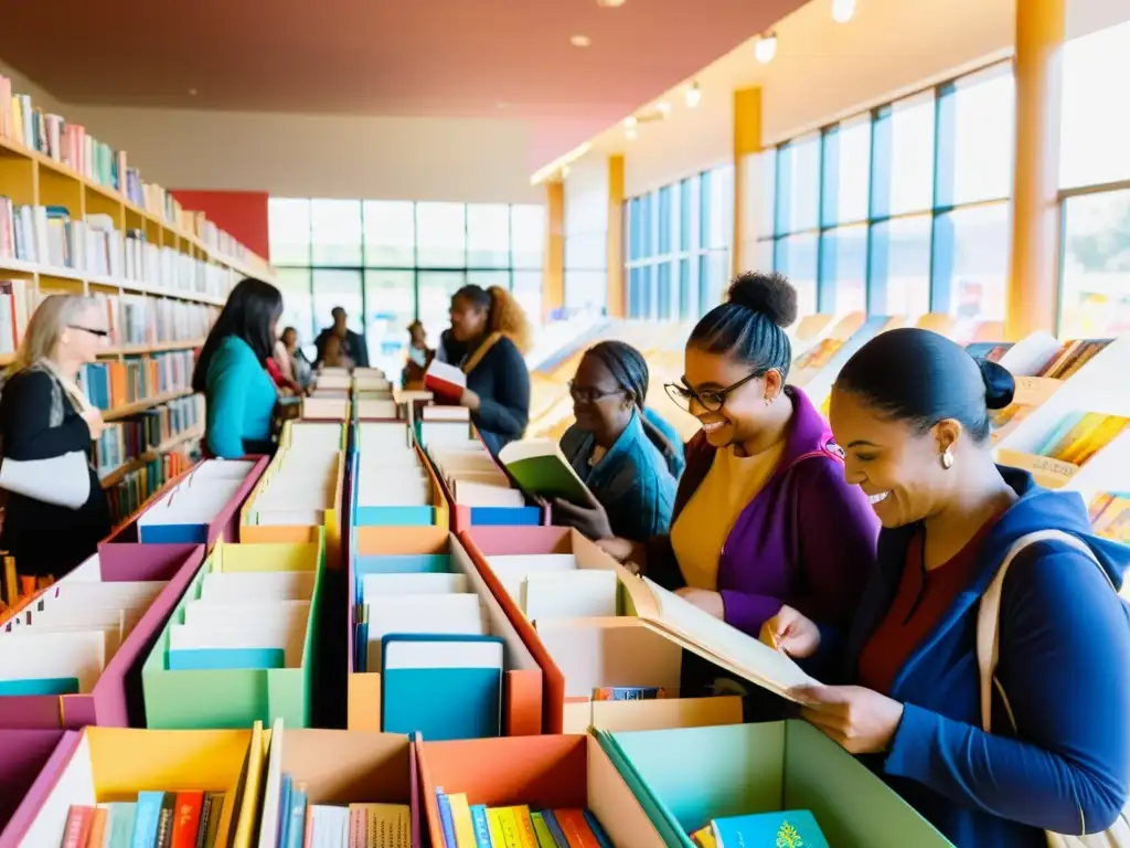 Personas diversas exploran libros coloridos en la Rainbow Book Fair, celebrando la importancia de la diversidad