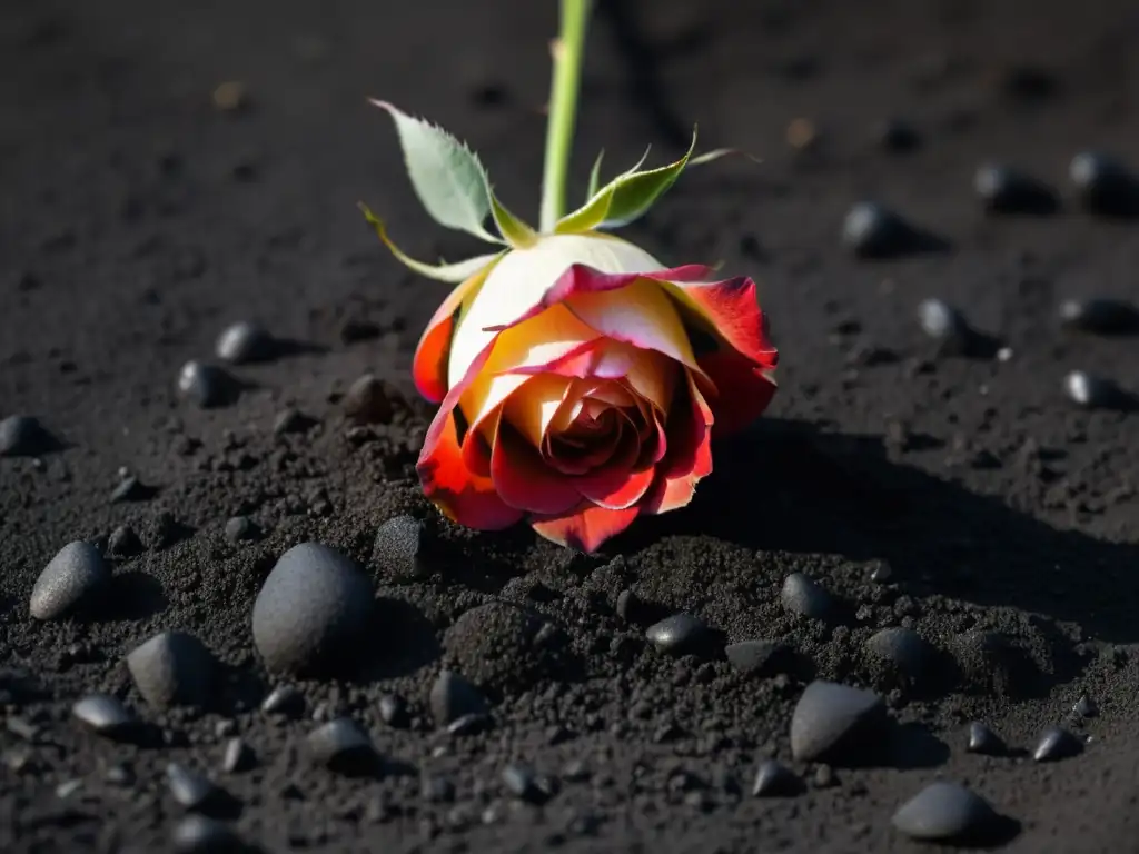 Un pétalo de rosa roja descansa sobre tierra negra, evocando la belleza y el análisis poético de Alejandra Pizarnik