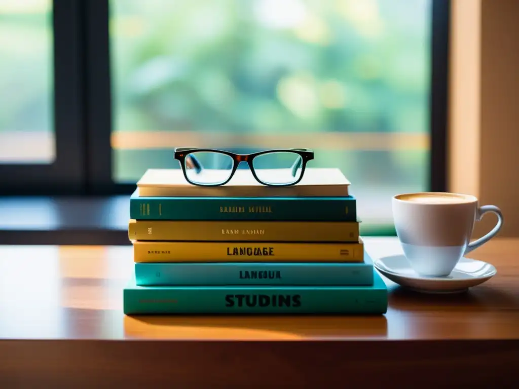 Una pila de coloridos libros de idiomas ordenados en un escritorio de madera, con gafas y una taza de café