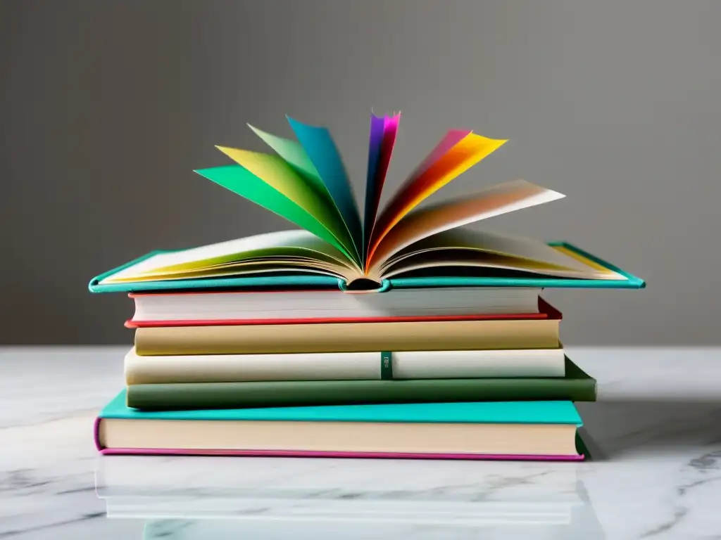 Una pila de libros abiertos con marcadores de colores, sobre una mesa de mármol blanco, con una pluma elegante