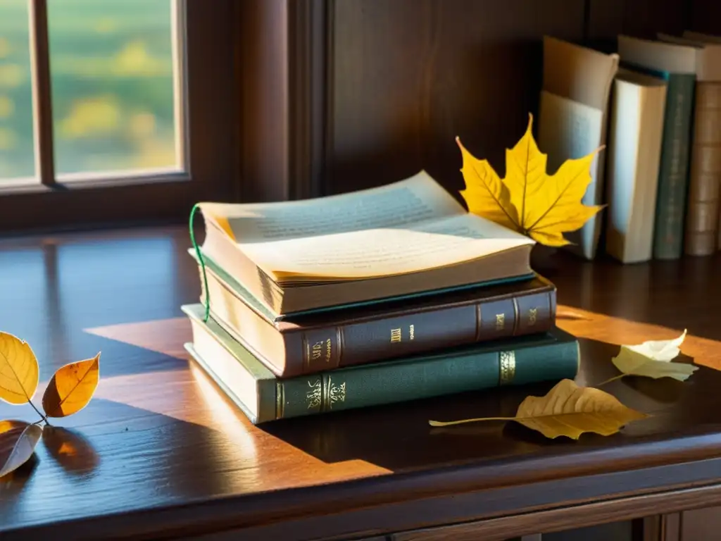 Una pila de libros antiguos con cubiertas de cuero desgastadas y páginas desgarradas, sobre una mesa de madera rústica