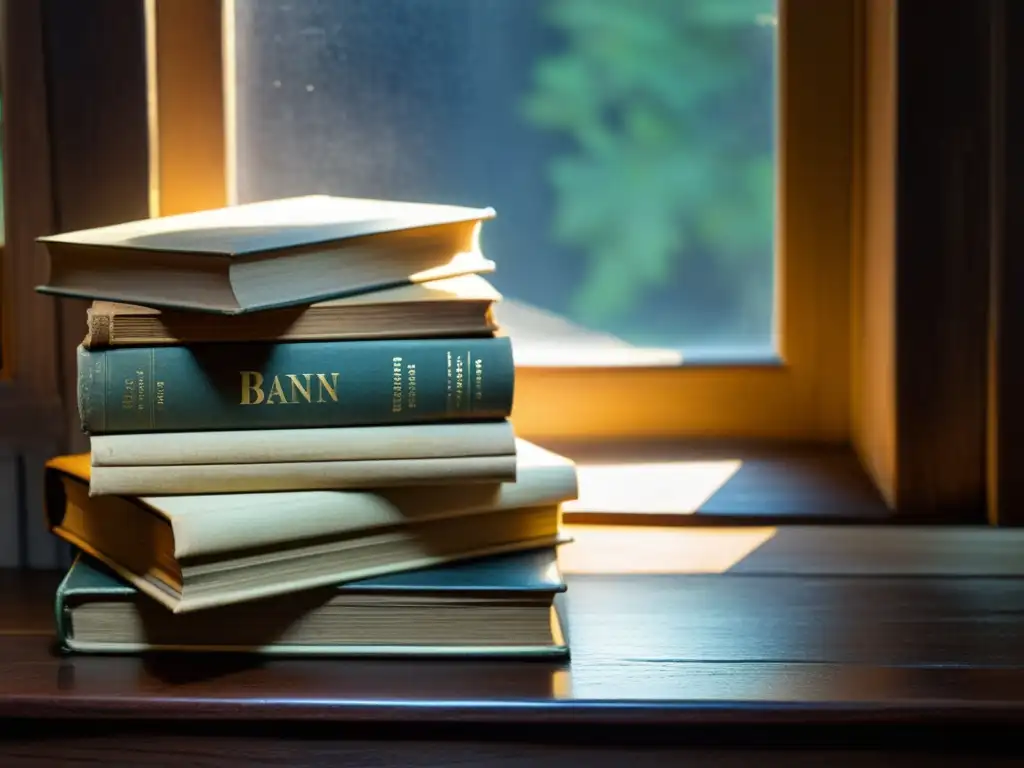 Una pila de libros antiguos y desgastados con páginas amarillentas, dispuestos con elegancia en una mesa de madera oscura