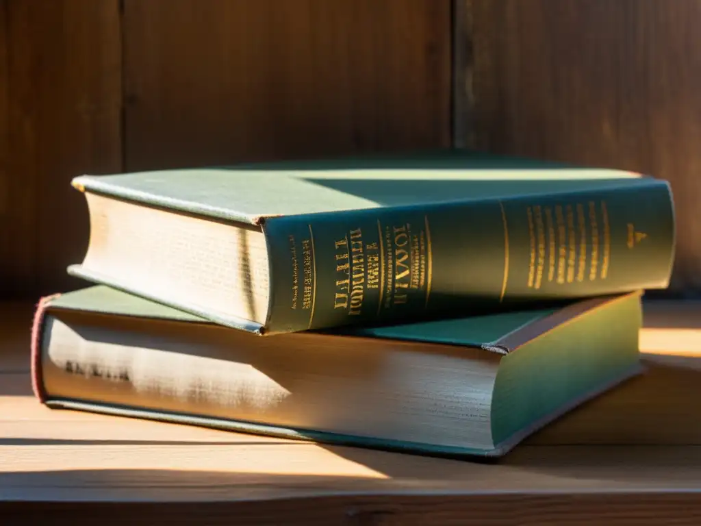 Una pila de libros antiguos y desgastados descansa sobre una mesa de madera, bañada por la luz del sol