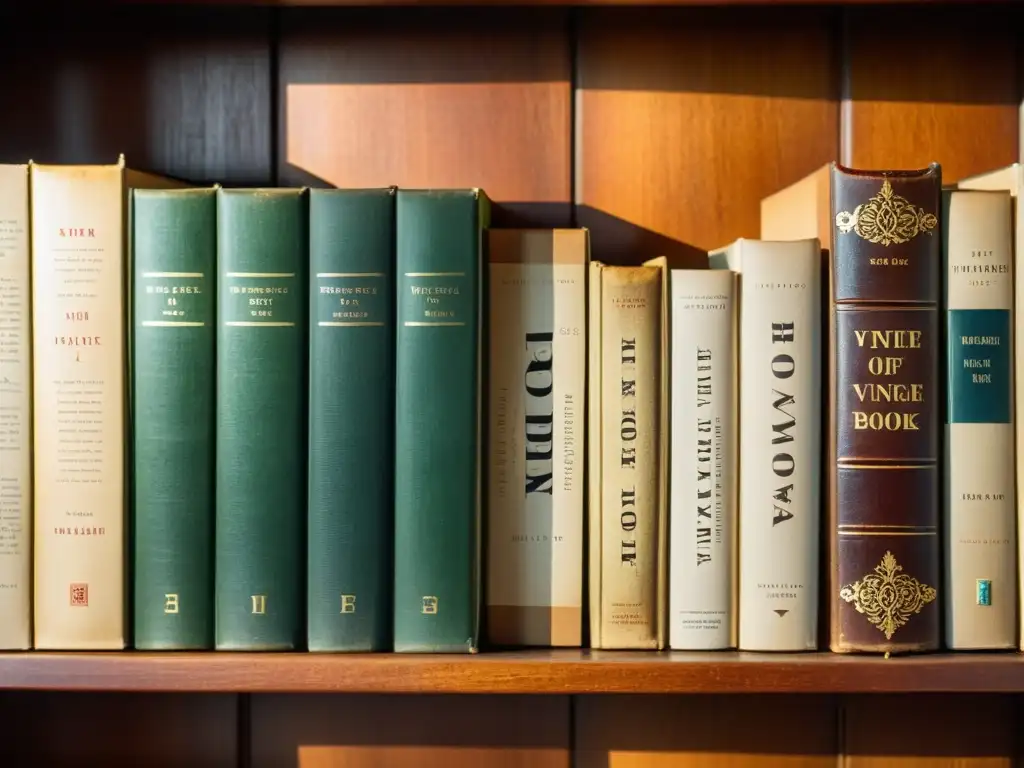 Una pila de libros antiguos en un estante de madera, iluminados por la suave luz del sol