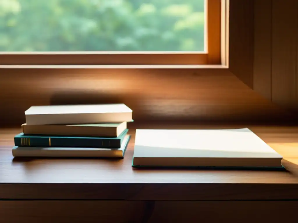 Una pila de libros en blanco sobre un escritorio de madera, con una pluma descansando encima