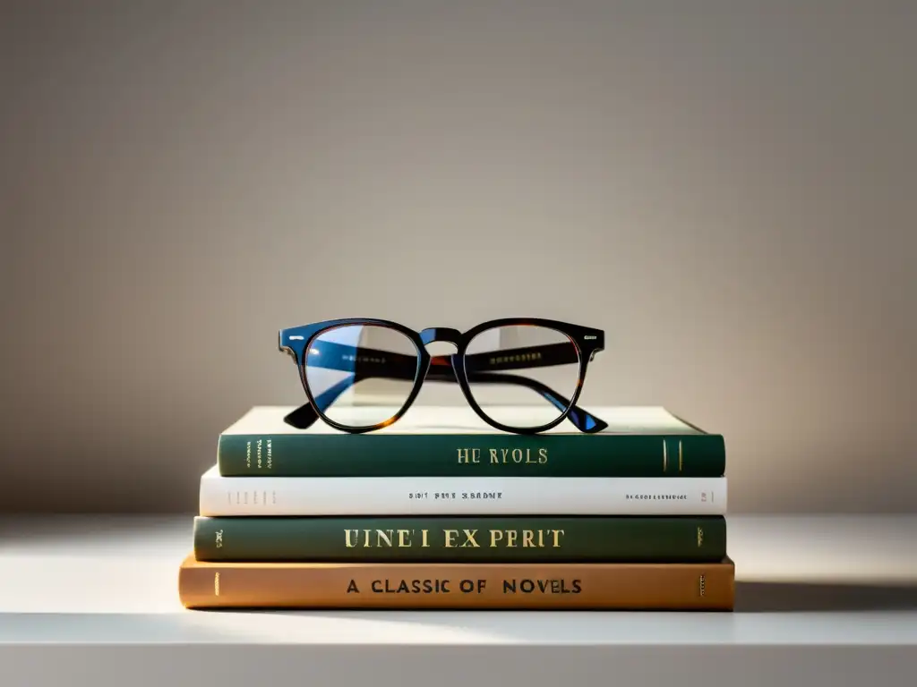 Una pila de libros clásicos y elegantes gafas sobre superficie blanca