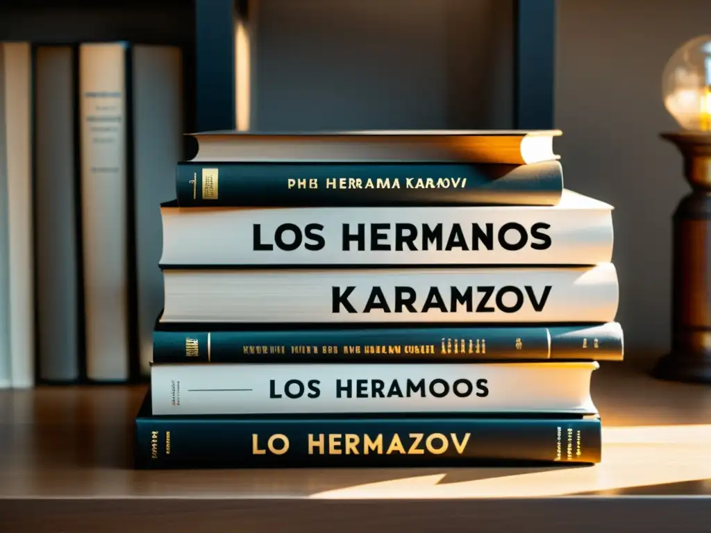 Una pila de libros desgastados y amados, con 'Los Hermanos Karamázov' destacado en el lomo