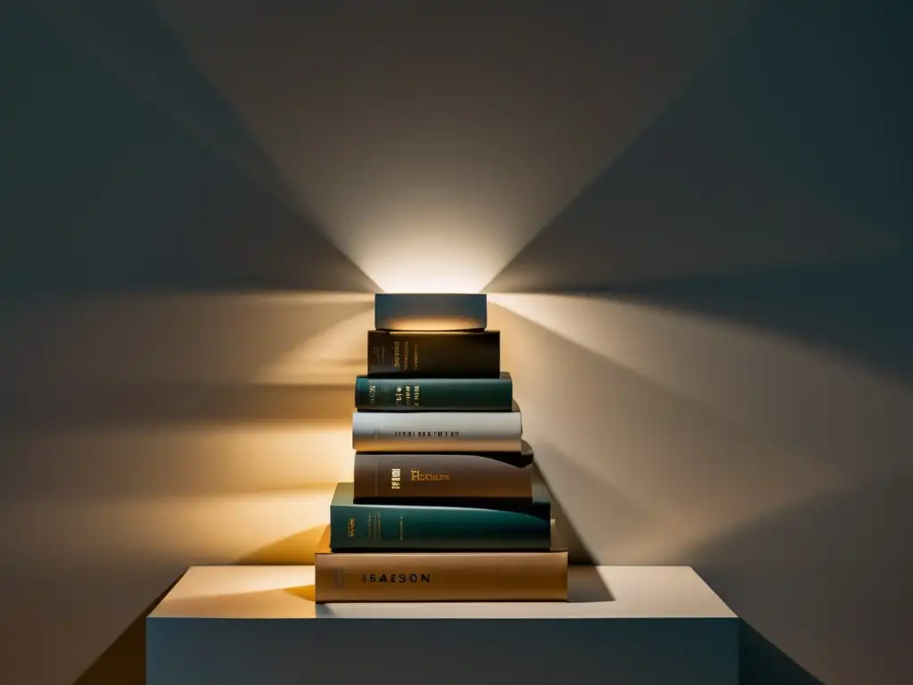 Una pila de libros iluminada por un foco, proyectando sombras dramáticas