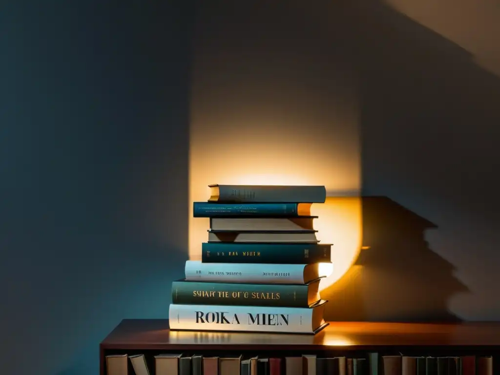 Una pila de libros iluminada por un foco, proyectando sombras dramáticas