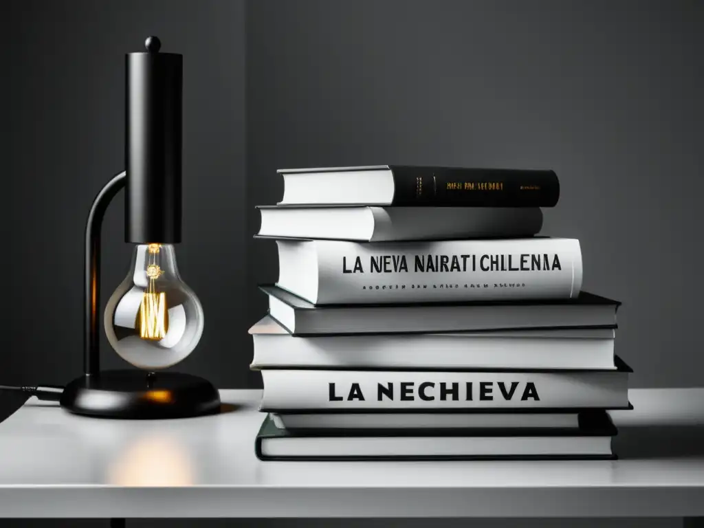 Una pila de libros minimalista en blanco y negro con 'La Nueva Narrativa Chilena' en el lomo