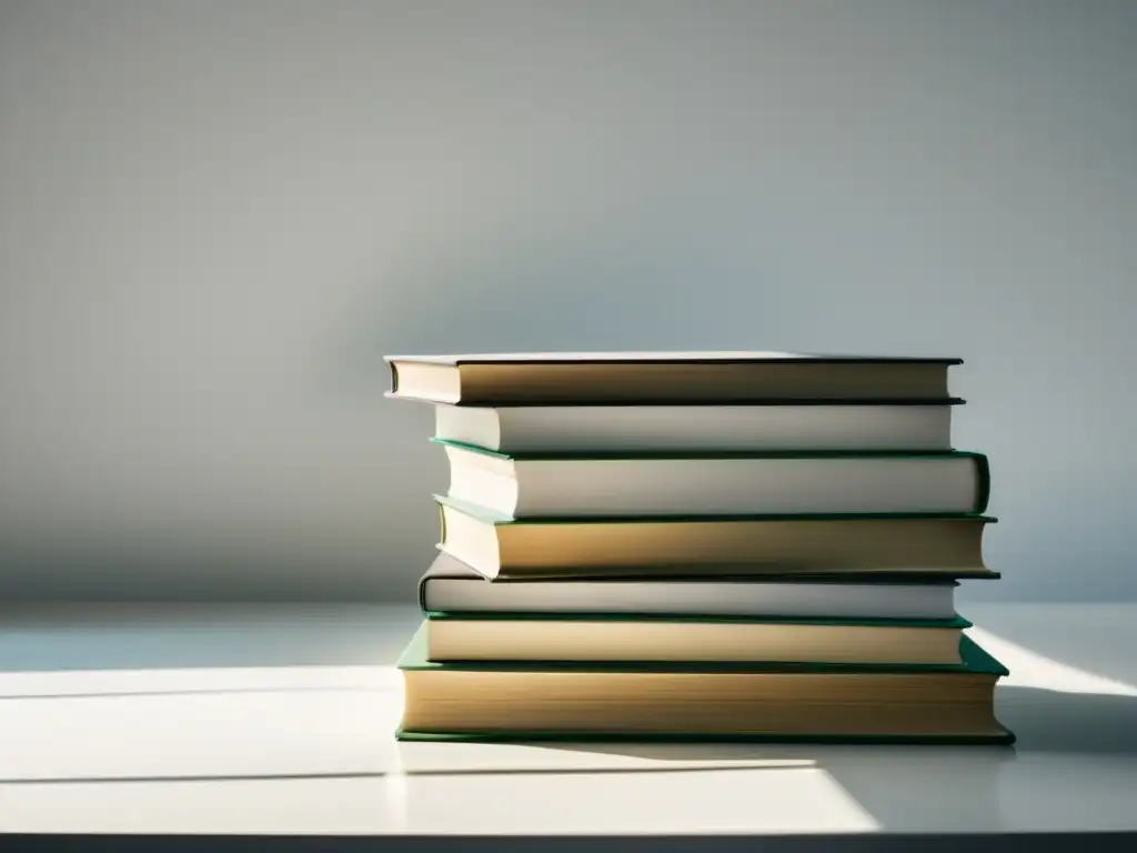 Una pila de libros con portadas en blanco, iluminada suavemente por la luz natural