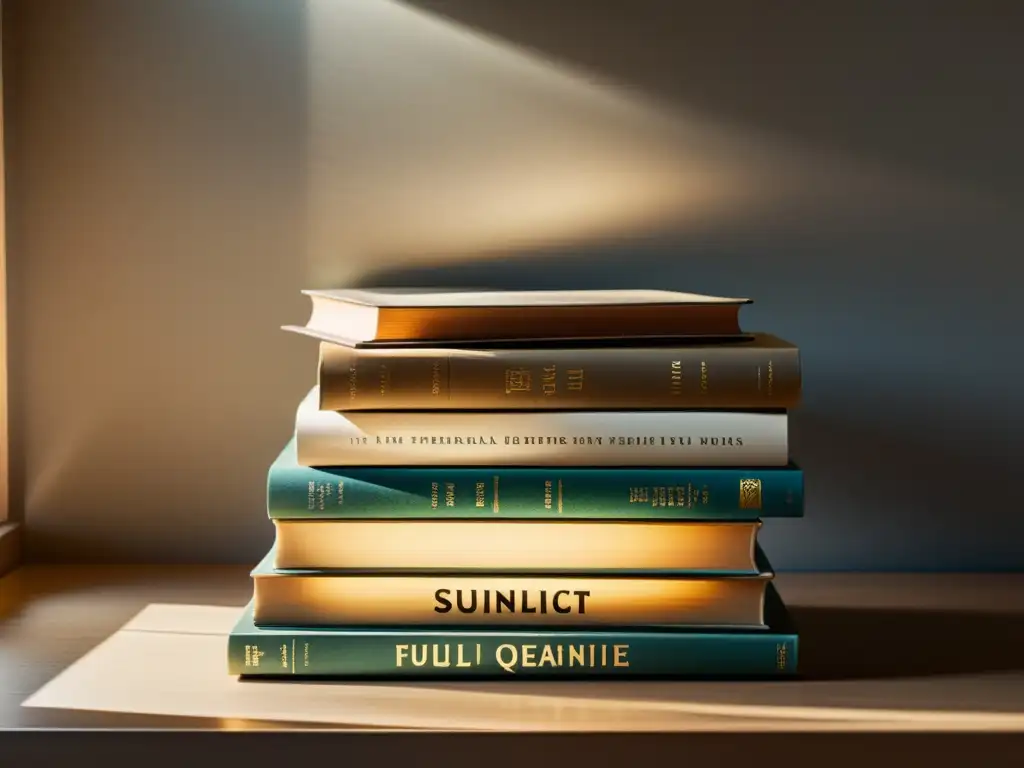 Una pila de libros vintage sobre un escritorio moderno, bañados por la luz del sol