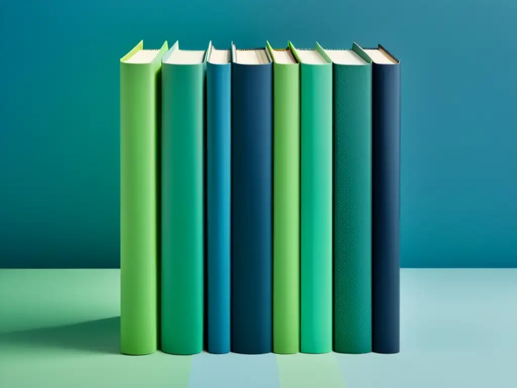 Una pila de portadas minimalistas de libros en tonos azules y verdes, con diseños abstractos que sugieren géneros y temas